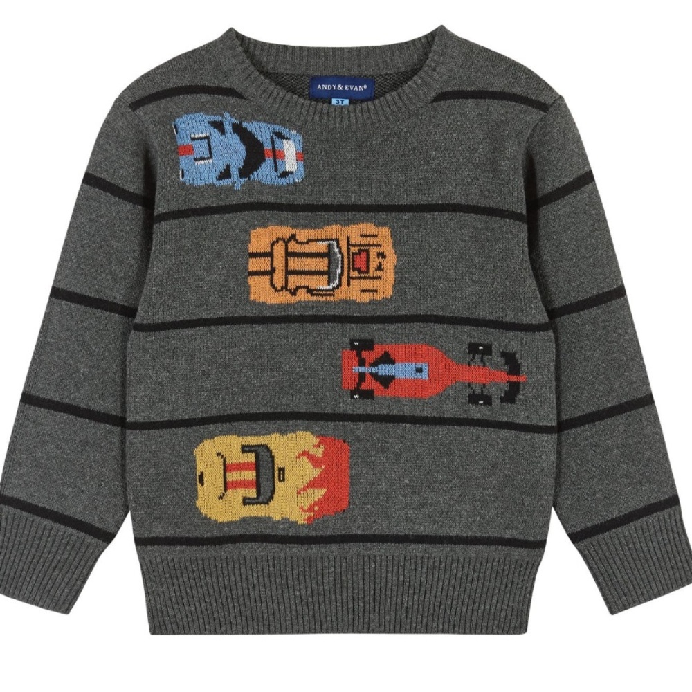 Andy & Evan Race Car Nascar Gray knit sweater NWT 🏎️🚘🏁🚖🚙🚕